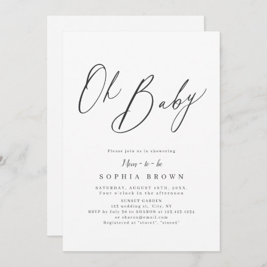 Elegant modern script minimal baby shower invitati kaart (Voorkant / Achterkant)