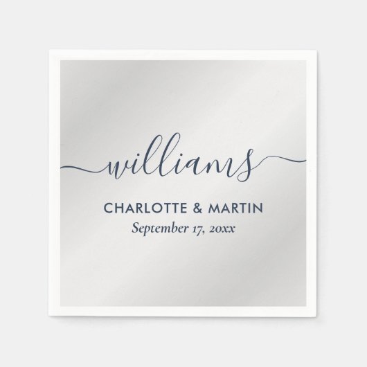 Elegant modern Script Navy Blue en Silver Wedding Servet (Voorkant)