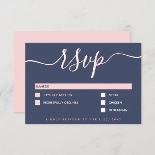 Elegant & Modern Script Navy & Blush Wedding RSVP (Voorkant / Achterkant)