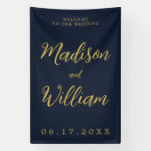 Elegant modern Script Navy Gold Welkome bruiloft Spandoek (Verticaal)