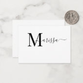 Elegant Modern Script Paars Monogram Naam Notitiekaartje (Voorkant / Achterkant in situ)