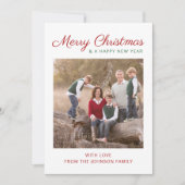 Elegant modern script rode strepes kerstfoto feestdagenkaart (Voorkant)