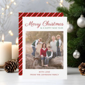 Elegant modern script rode strepes kerstfoto feestdagenkaart