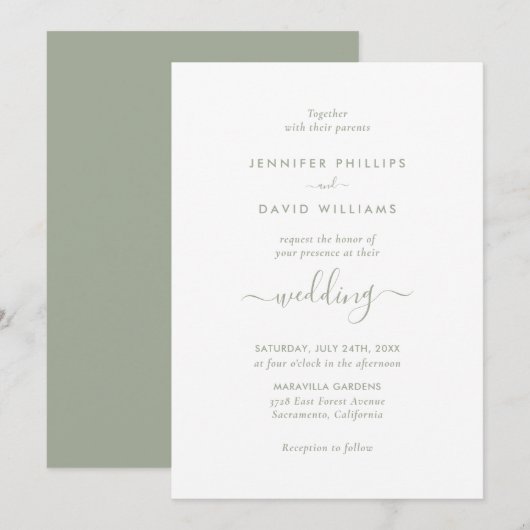Elegant modern Script Sage Green Wedding Kaart (Voorkant / Achterkant)