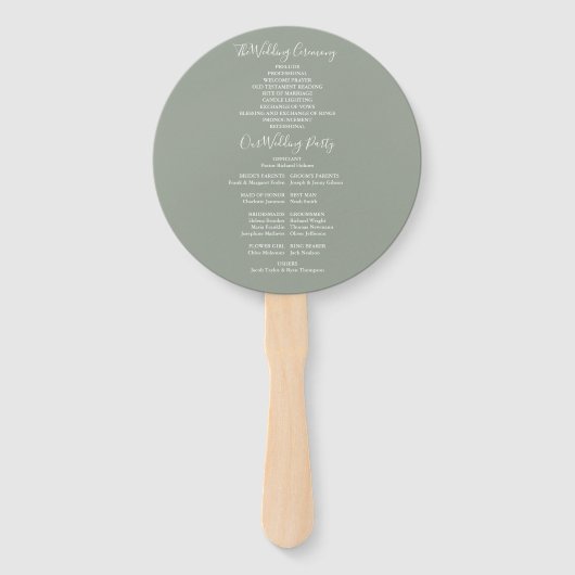 Elegant modern Script Sage Green Wedding Program Handwaaier (Achterkant)