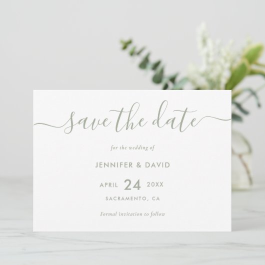Elegant modern Script Sage Green Wedding Save The Date (Staand voorkant)