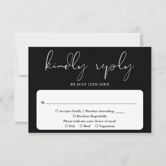 Elegant modern script zwart-wit bruiloft RSVP kaartje (Voorkant)