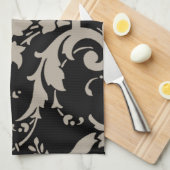 Elegant Modern Silver Damask op Black Towe Theedoek (Quarter Fold)
