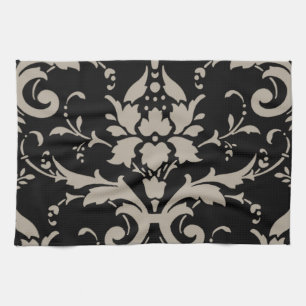 Elegant  Modern Silver Damask op Black Towe Theedoek
