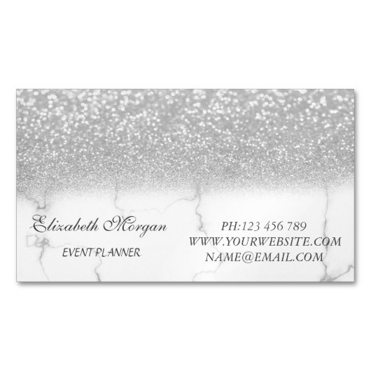 Elegant Modern Silver Glitter Marble Magnetisch Visitekaartje (Voorkant)