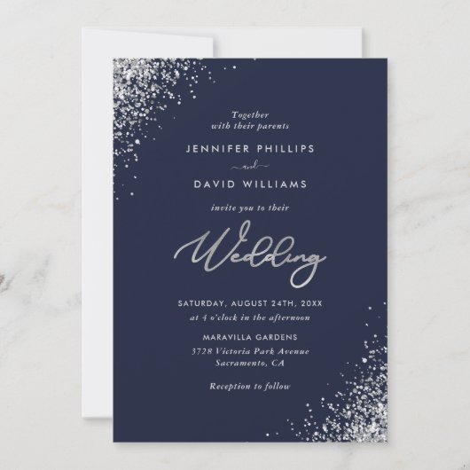Elegant Modern Silver Glitter Navy Blue Wedding Kaart (Voorkant)