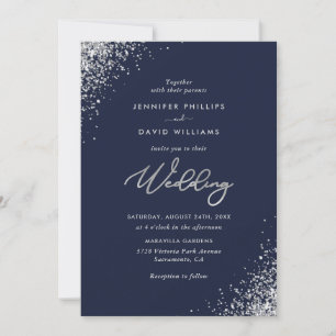 Elegant Modern Silver Glitter Navy Blue Wedding Kaart