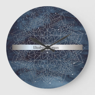 Elegant Modern Silver Mandala Stripe Navy Blue Grote Klok