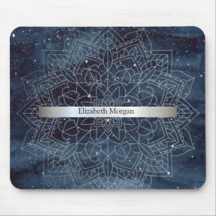 Elegant Modern Silver Mandala Stripe Navy Blue Muismat