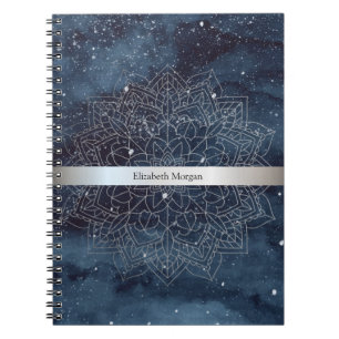 Elegant Modern Silver Mandala Stripe Navy Blue Notitieboek