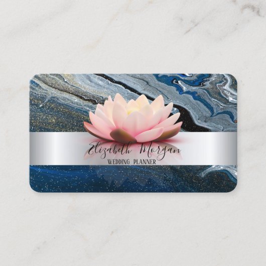 Elegant Modern Silver Stripe Lotus Blue Marble Visitekaartje (Voorkant)