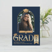 Elegant Modern Stijlvol Fotogoud Navy Afstuderen Kaart (Staand voorkant)