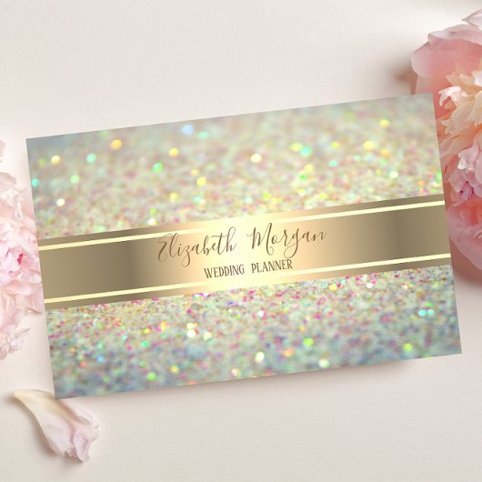 Elegant Modern Trendy Glitter Bokeh, Gold Stripe Visitekaartje