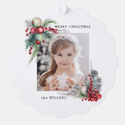 Elegant Modern Waterverf Kerst Bloemen Foto Ornament Kaart (Voorkant)