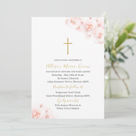 Elegant Modern Waterverf Roze Bloemen Doop Kaart (Staand voorkant)