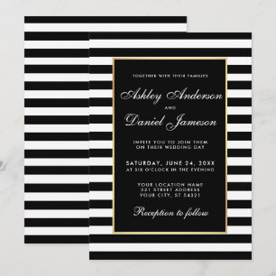 Elegant Modern Wedding Black White Striped Invite Kaart
