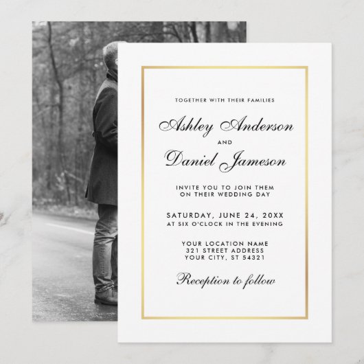 Elegant Modern Wedding Invite - Black White Foto Kaart (Voorkant / Achterkant)