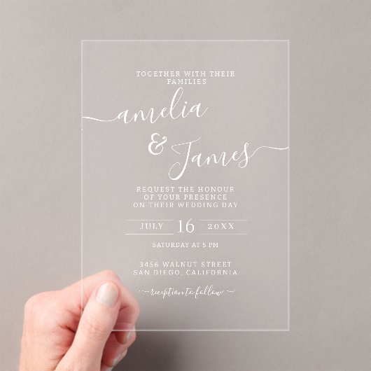 Elegant modern wedding transparent script design acryl uitnodigingen (Insitu (Draagbaar))