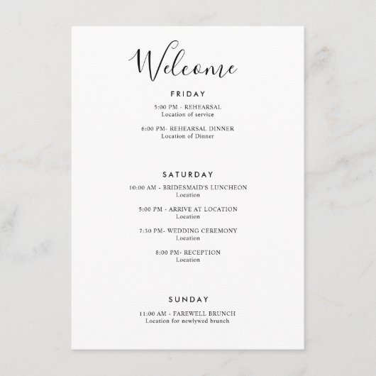 Elegant Modern Welkom Reisroute Wit met Bedankt Informatiekaartje (Voorkant)