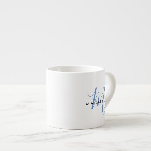 Elegant modern White Blue Script Monogram Espresso Kop (Voorkant rechts)