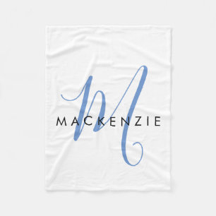 Elegant modern White Blue Script Monogram Fleece Deken