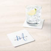 Elegant modern White Blue Script Monogram Vierkante Kartonnen Onderzetter (Insitu)