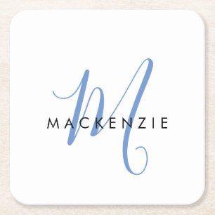 Elegant modern White Blue Script Monogram Vierkante Kartonnen Onderzetter