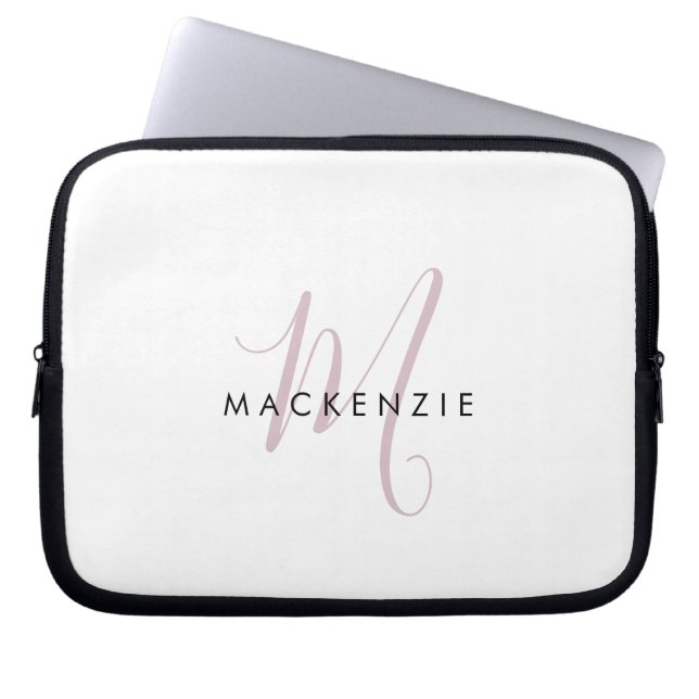 Elegant modern White Blush Pink Script Monogram Laptop Sleeve (Voorkant)