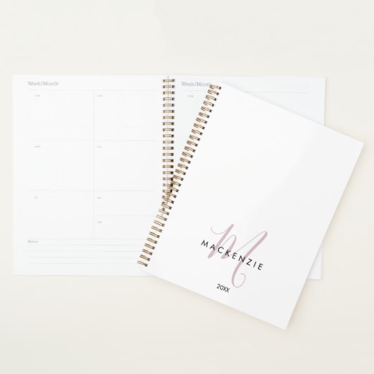 Elegant modern White Blush Pink Script Monogram Planner (Display)