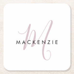 Elegant modern White Blush Pink Script Monogram Vierkante Kartonnen Onderzetter