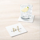 Elegant modern White Gold Script Monogram Vierkante Kartonnen Onderzetter (Insitu)