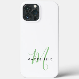 Elegant modern White Green Script Monogram iPhone 13 Pro Max Hoesje
