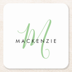 Elegant modern White Green Script Monogram Vierkante Kartonnen Onderzetter