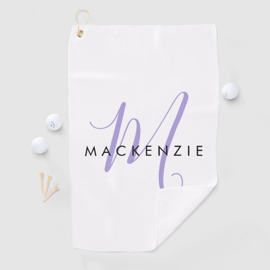 Elegant modern White Lavender Script Monogram Golfhanddoek (Insitu)