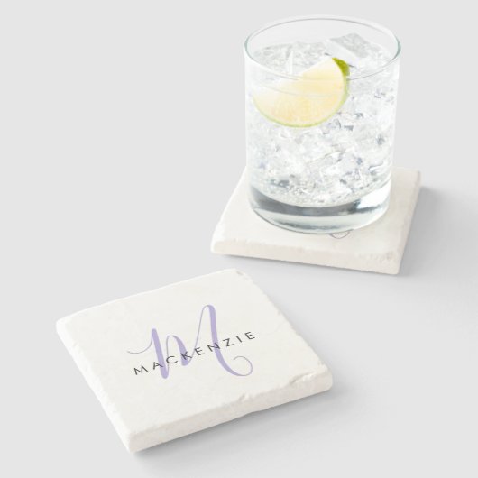 Elegant modern White Lavender Script Monogram Stenen Onderzetter (Zijkant)