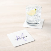 Elegant modern White Lavender Script Monogram Vierkante Kartonnen Onderzetter (Insitu)