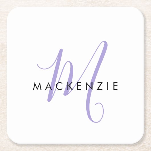 Elegant modern White Lavender Script Monogram Vierkante Kartonnen Onderzetter (Voorkant)