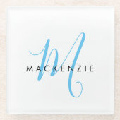 Elegant modern White Sky Blue Script Monogram Glazen Onderzetter (Voorkant)