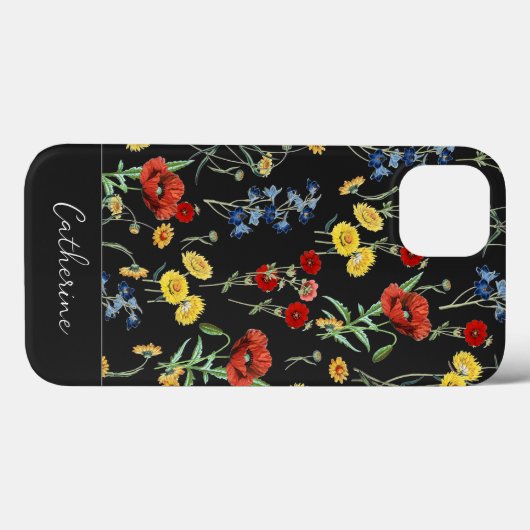 Elegant Modern Wildflower Naam op zwart Case-Mate iPhone Case (Achterkant (horizontaal))