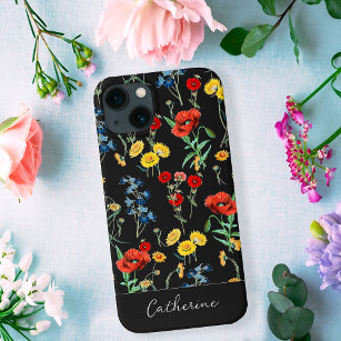 Elegant Modern Wildflower Naam op zwart iPhone 13 Hoesje