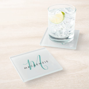 Elegant modern wit Blauwgroen Script monogram Glazen Onderzetter