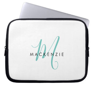 Elegant modern wit Blauwgroen Script monogram Laptop Sleeve
