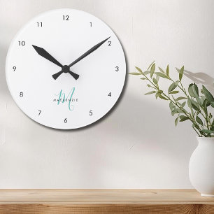 Elegant modern wit Blauwgroen Script monogram Ronde Klok