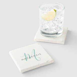 Elegant modern wit Blauwgroen Script monogram Stenen Onderzetter