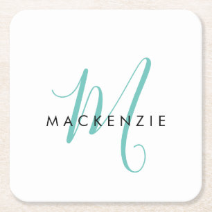 Elegant modern wit Blauwgroen Script monogram Vierkante Kartonnen Onderzetter